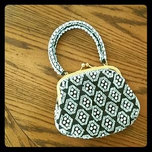 Beaded Black & White Mini Handbag with Gold Frame